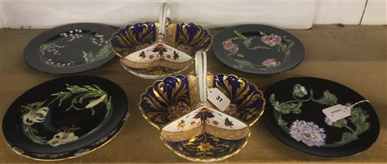 Pair Copeland Imari pattern serving dishes (1 a.f), bird-decorated plate & 4 Tiffany Mrs Delanys Flowers plates